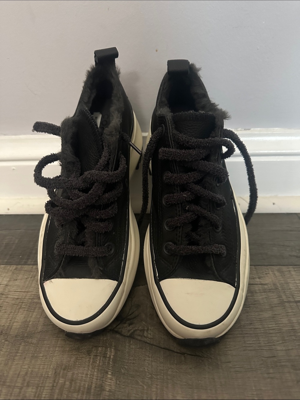 Black Fuzzy Low-Top Sneakers with White Toe Cap